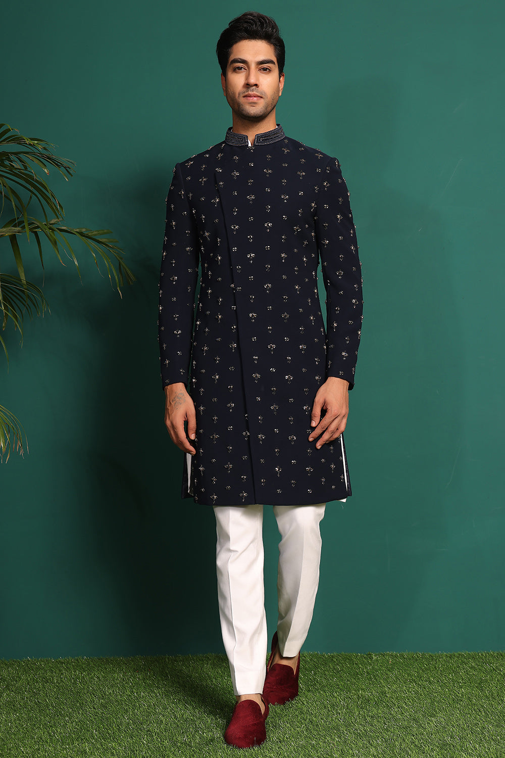Deep Blue Indowestern handembroidered with stone & Cutdaana details