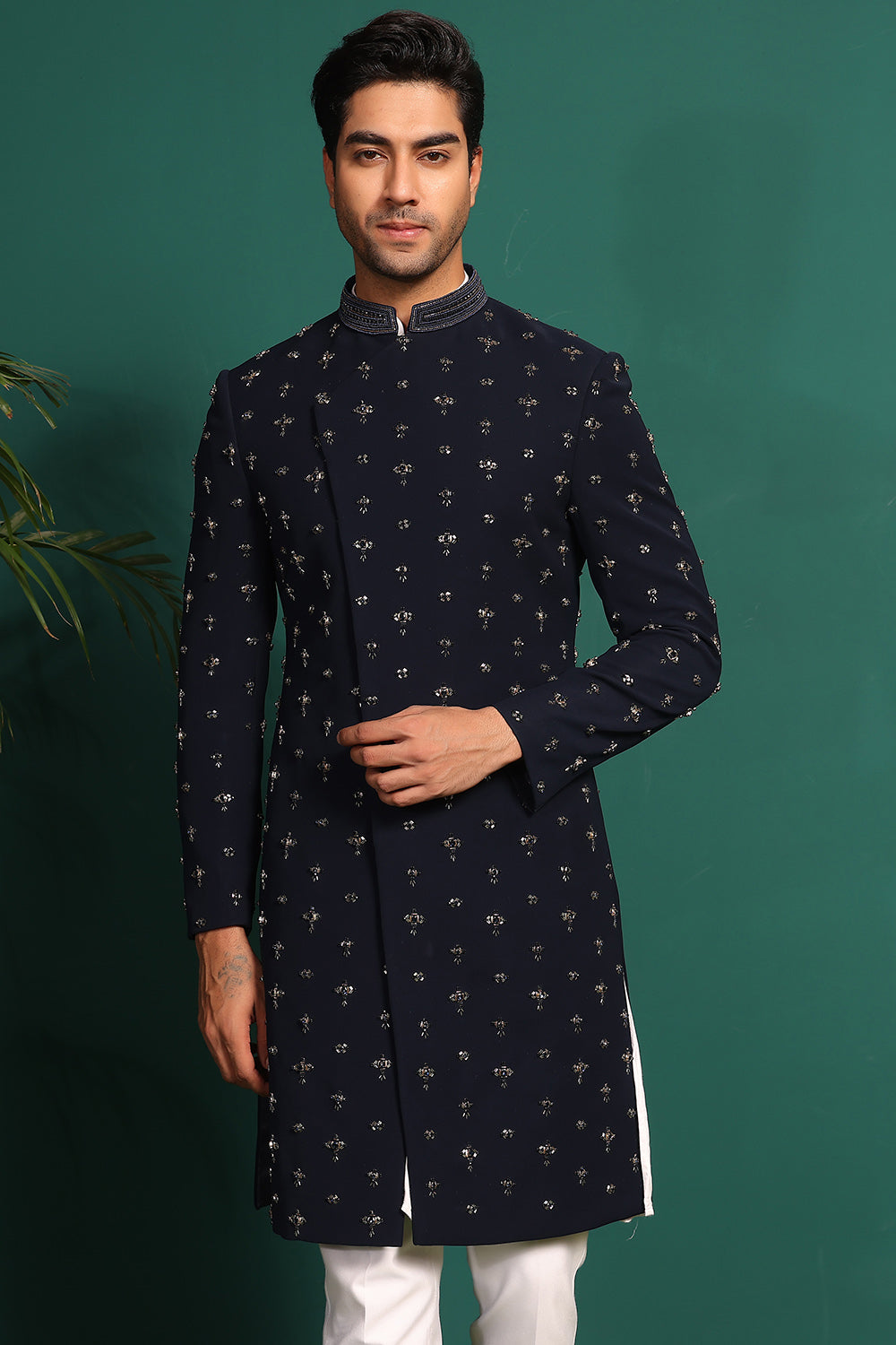 Deep Blue Indowestern handembroidered with stone & Cutdaana details