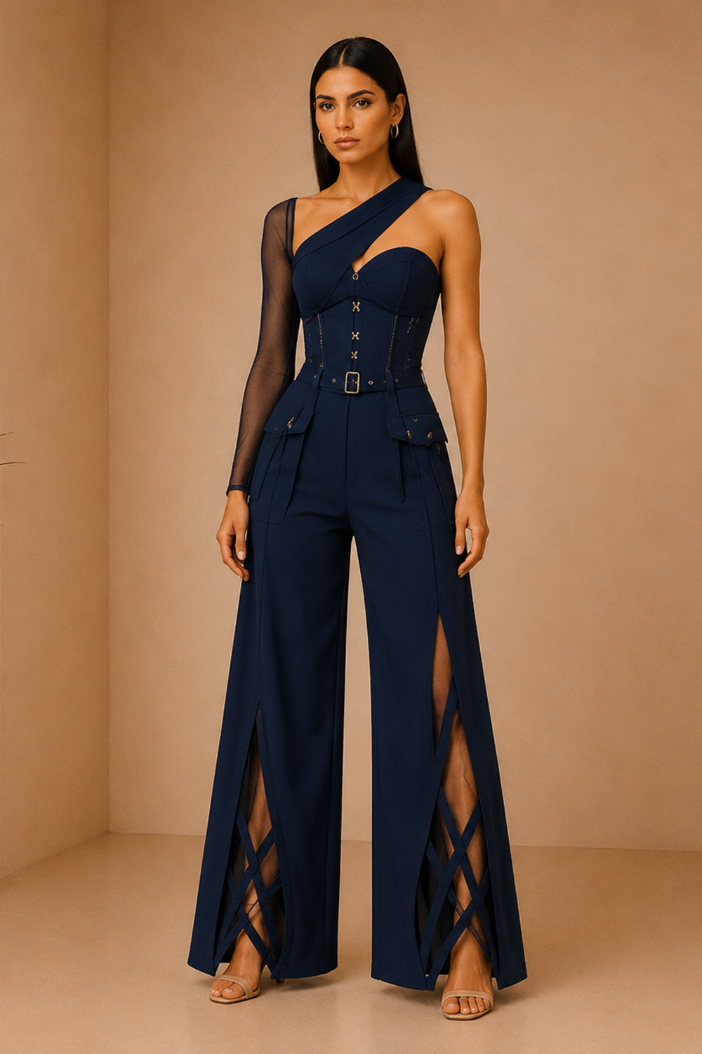 Deep Navy Asymmetric Corset Top & Split Wide-Leg Pants Co-Ord Set