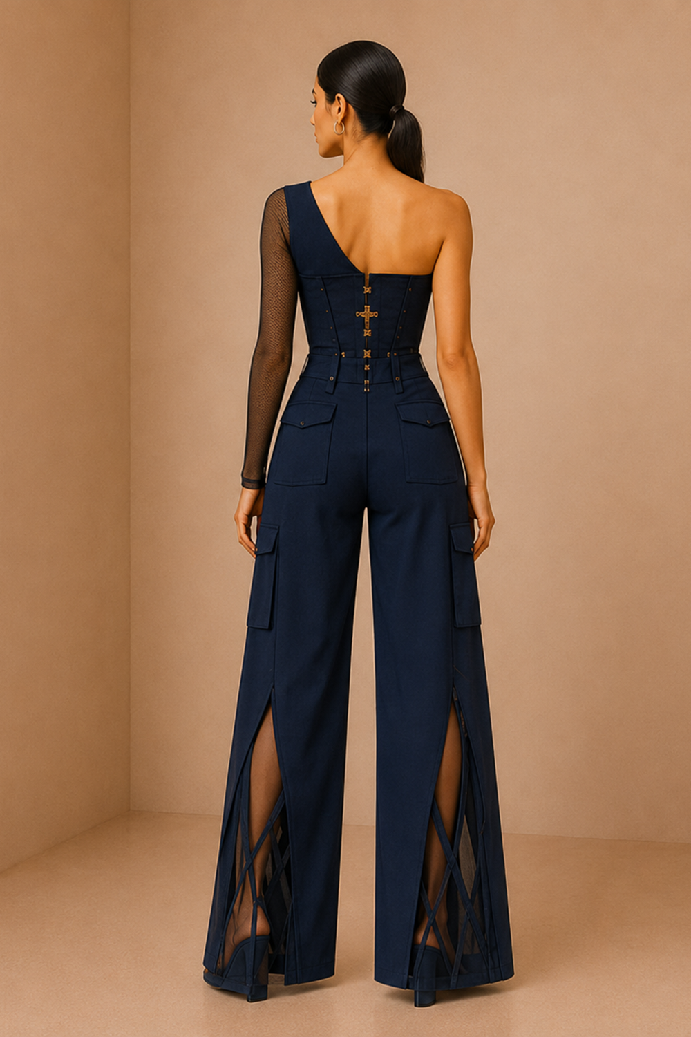 Deep Navy Asymmetric Corset Top & Split Wide-Leg Pants Co-Ord Set