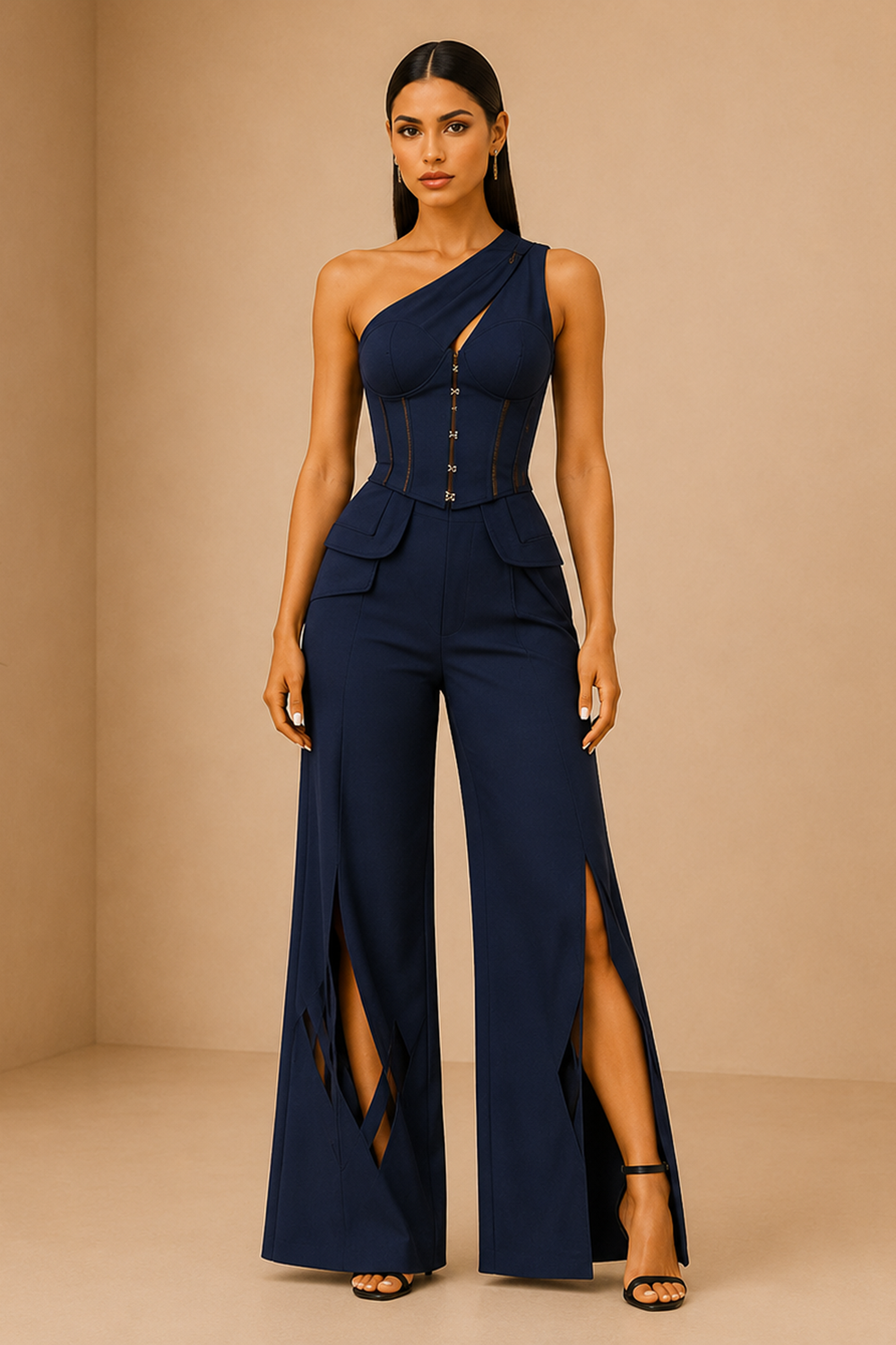 Deep Navy One-Shoulder Corset Top & Wide-Leg Pants Co-Ord Set