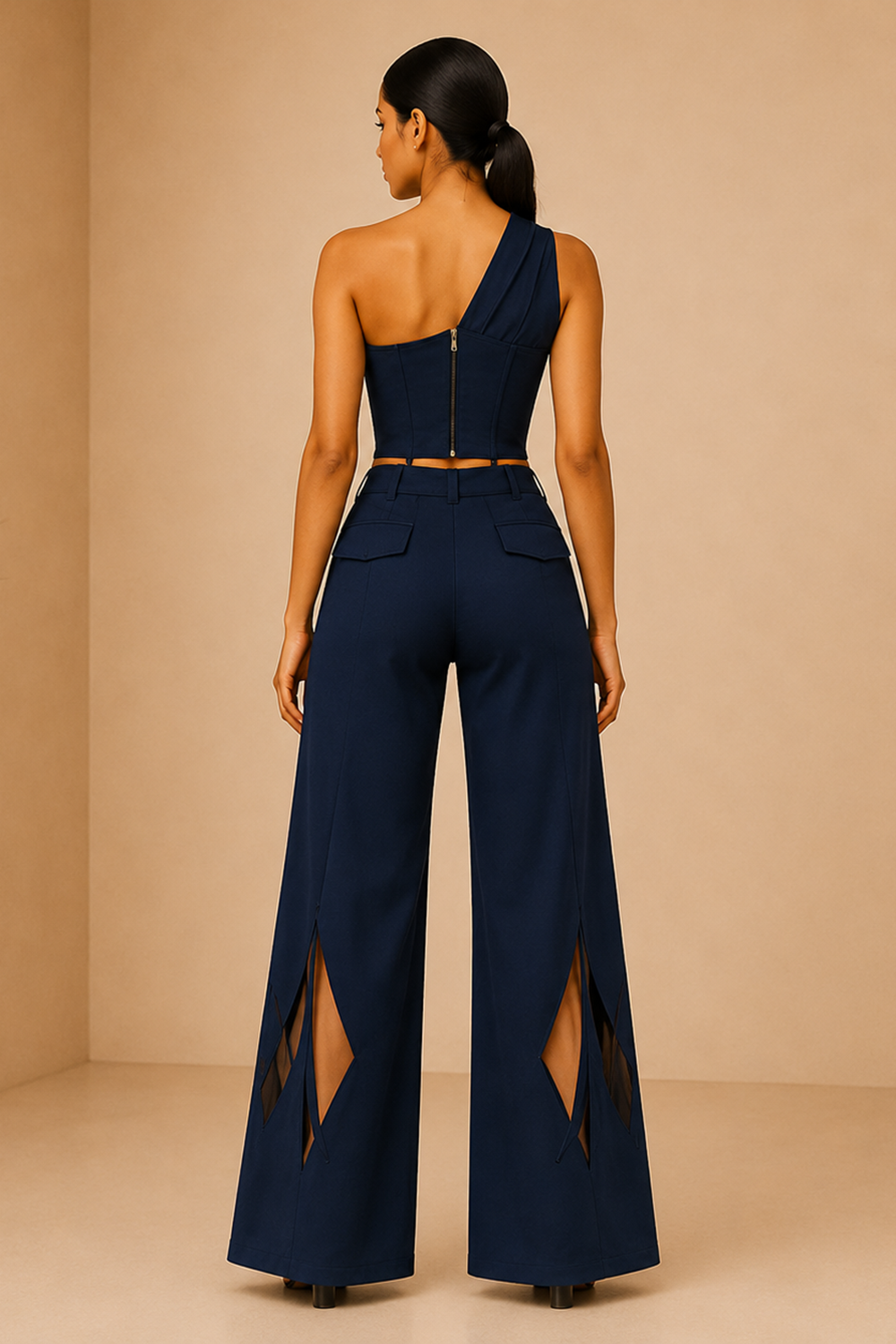 Deep Navy One-Shoulder Corset Top & Wide-Leg Pants Co-Ord Set