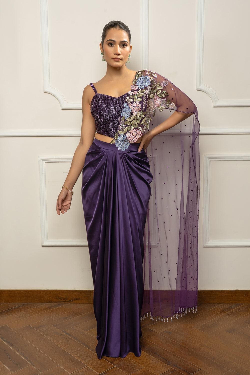 Deep purple drape saree set