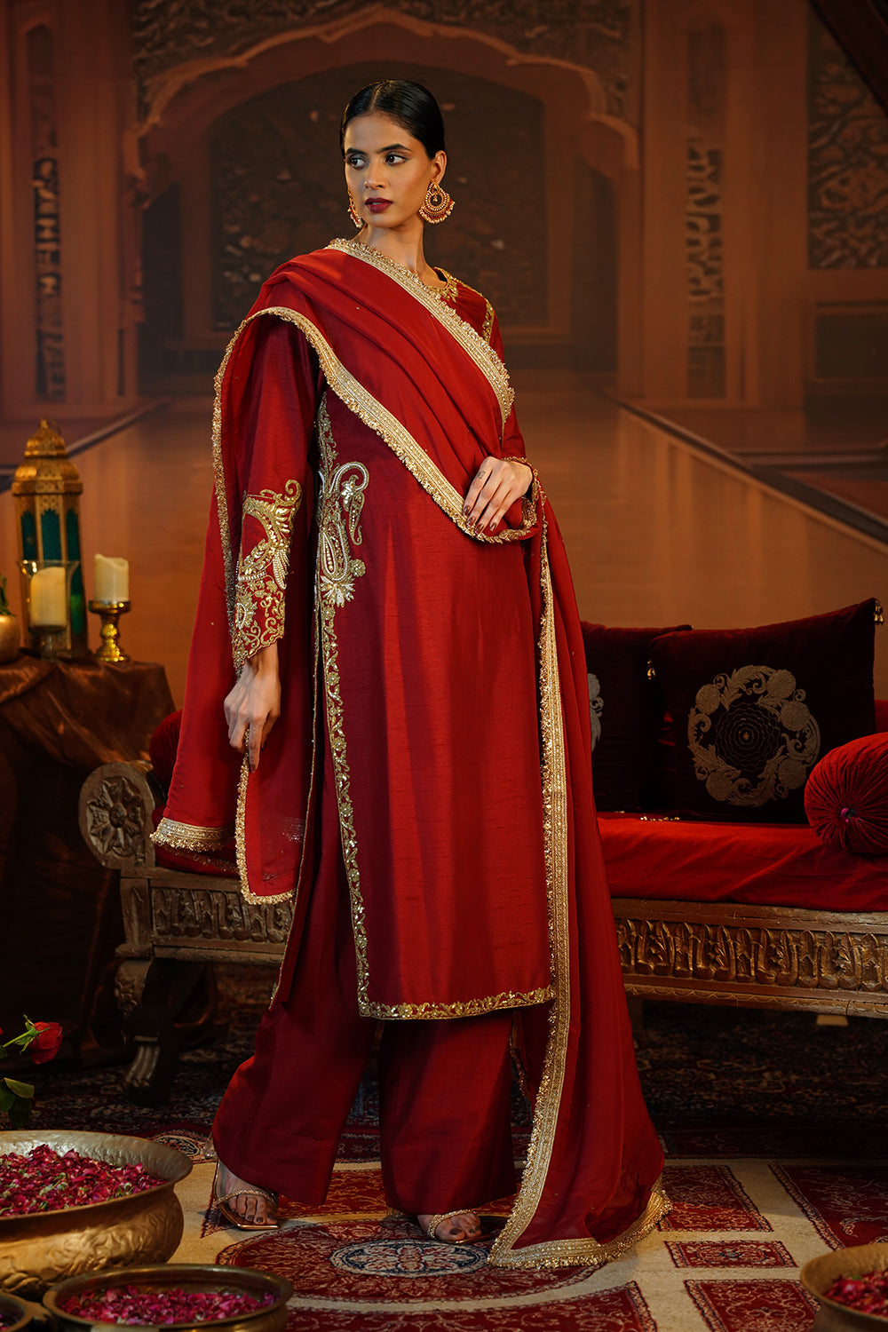 Deep Red Raw Silk Suit Set