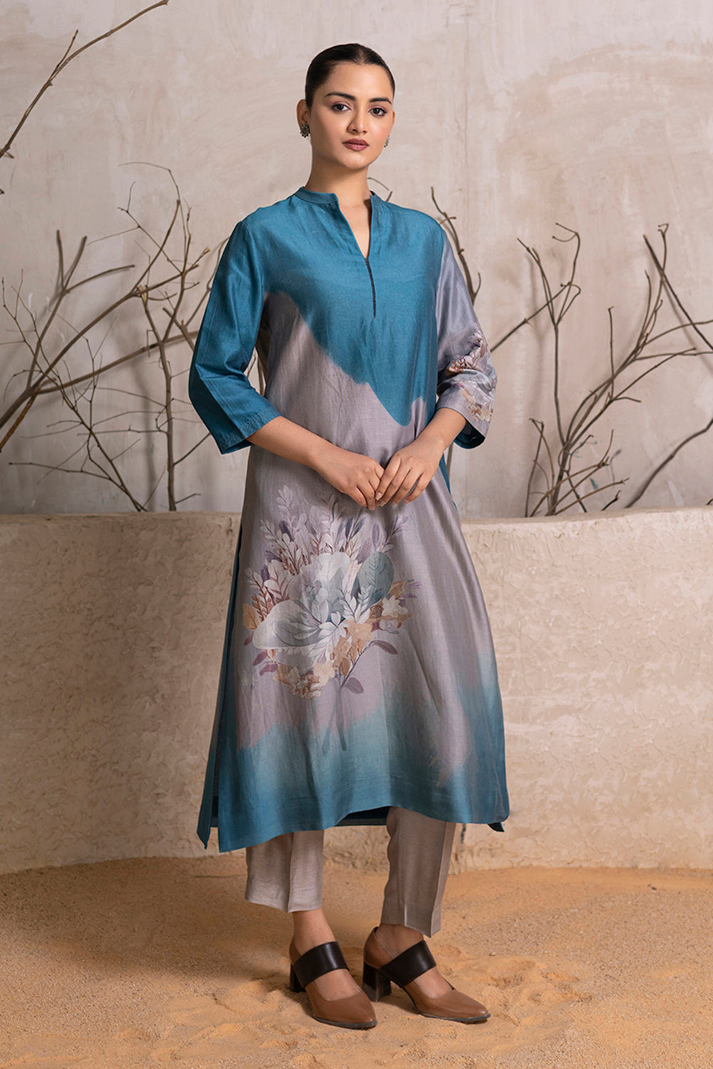 Denim Blue & Grey Shaded Silk Chanderi Printed Tunic
