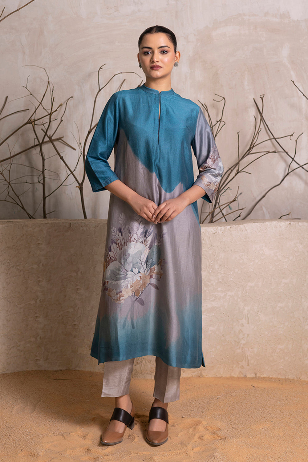 Denim Blue & Grey Shaded Silk Chanderi Printed Tunic