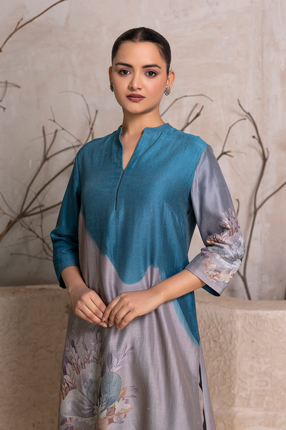 Denim Blue & Grey Shaded Silk Chanderi Printed Tunic