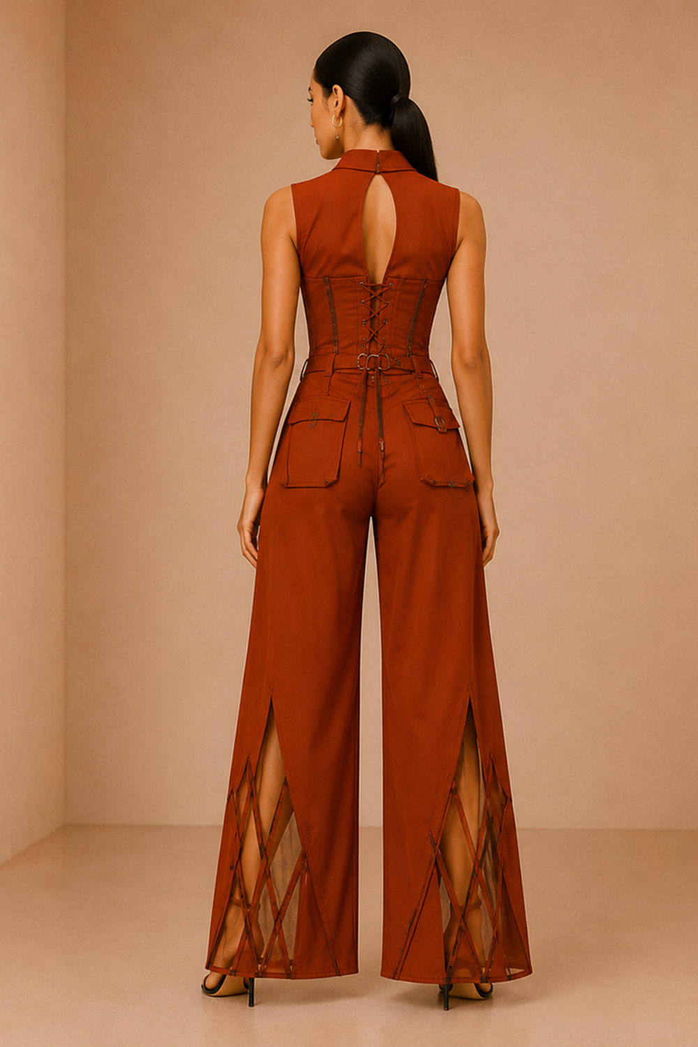 Desert Camel Corset Top & Cutout Wide-Leg Pants Co-Ord Set