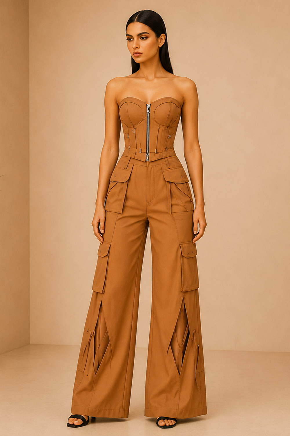 Desert Camel Zip-Up Corset Top & Cargo Pants Co-Ord Set