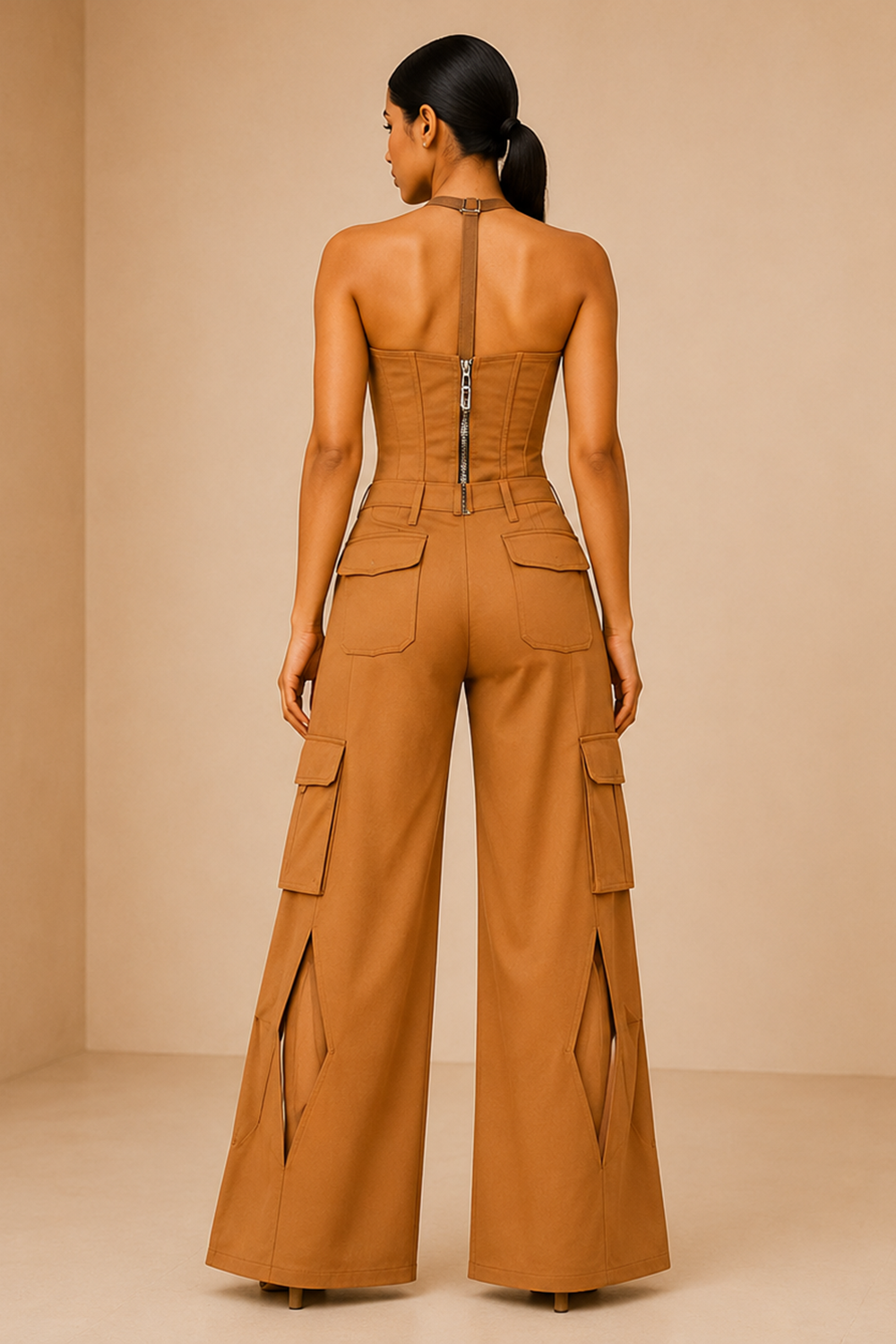 Desert Camel Zip-Up Corset Top & Cargo Pants Co-Ord Set