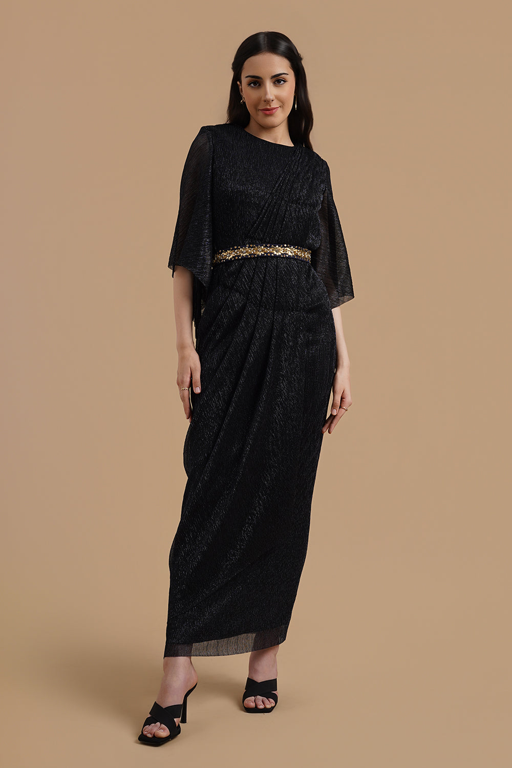 Drape Gown Dress With Embroidered Belt
