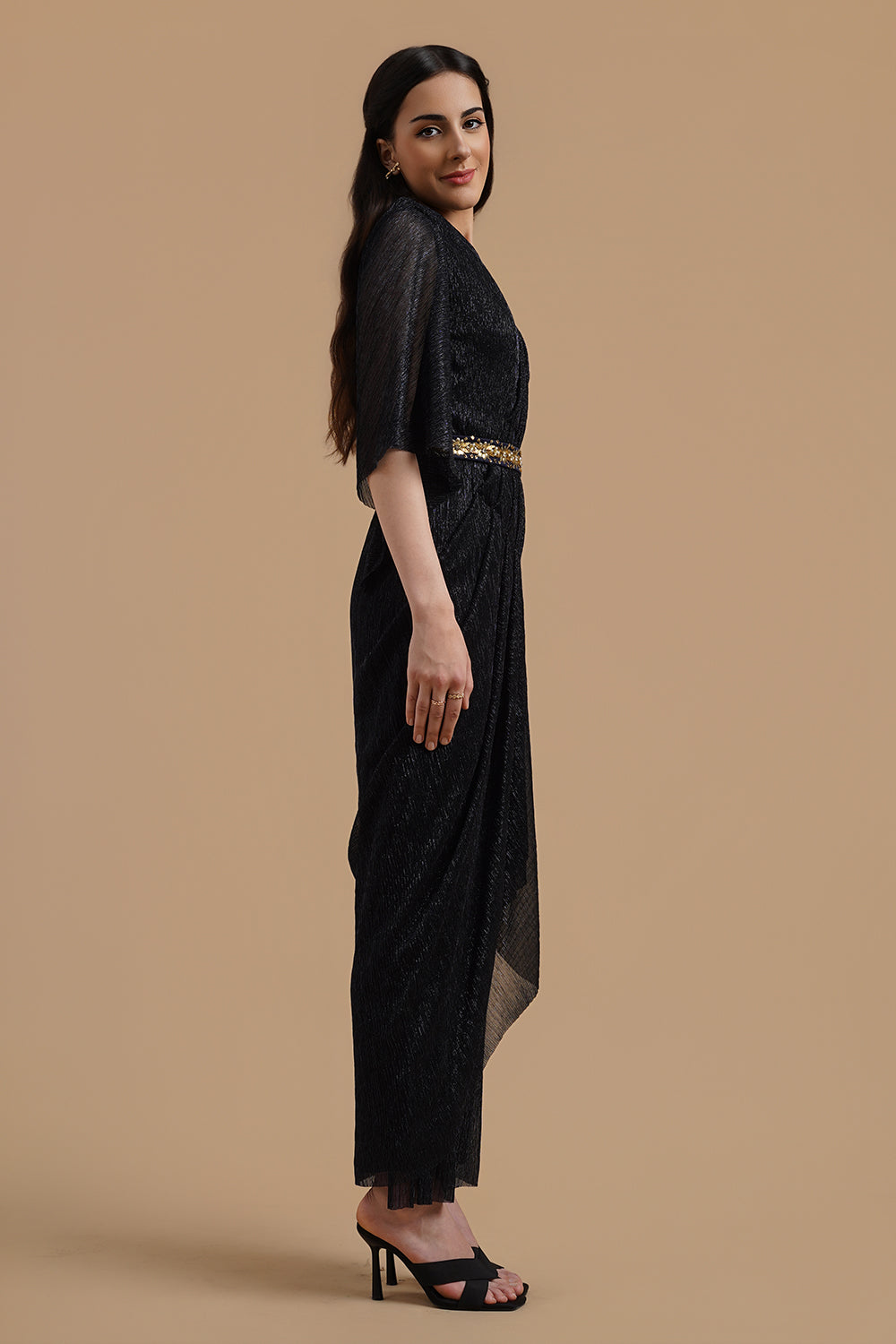 Drape Gown Dress With Embroidered Belt