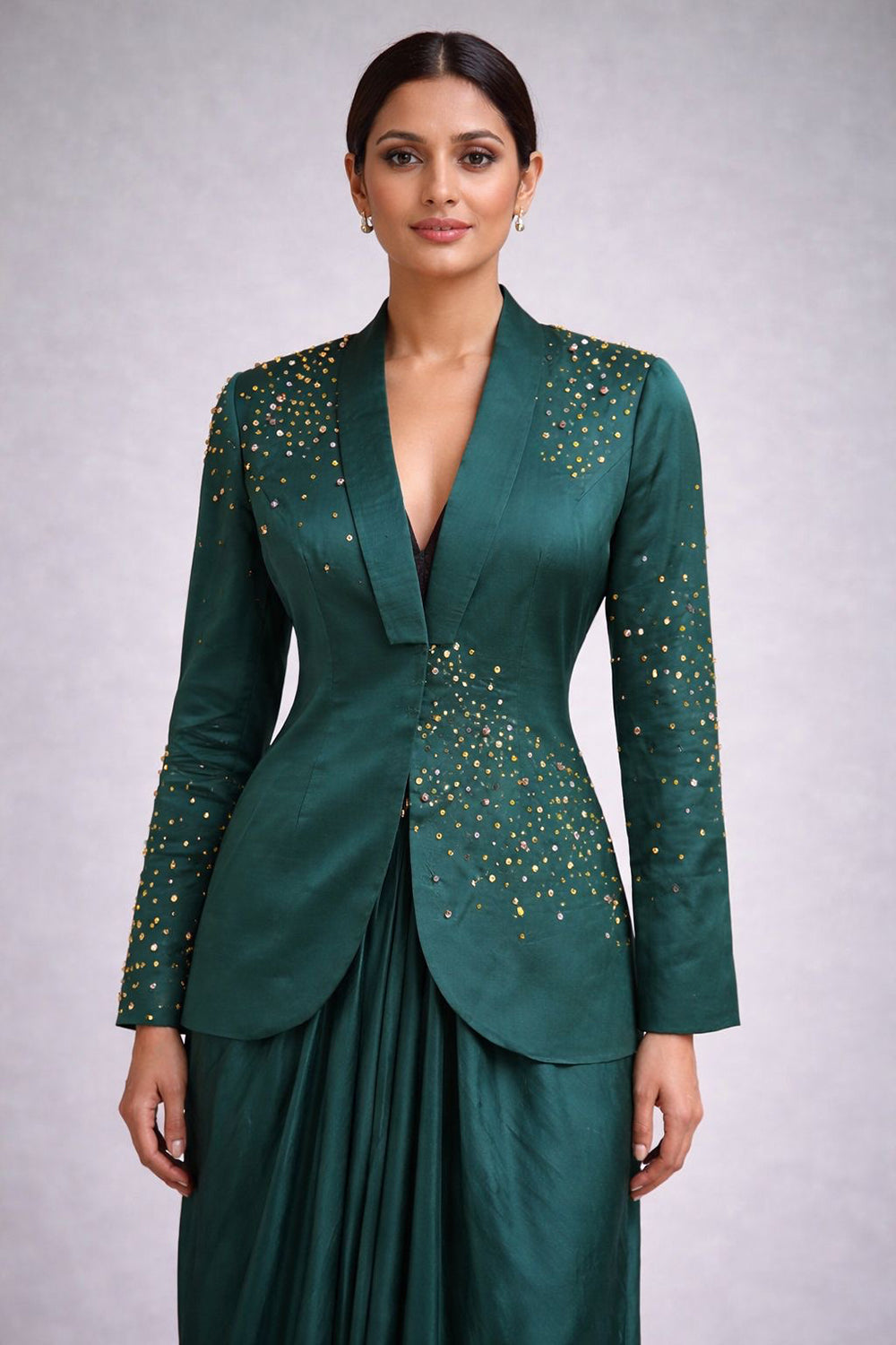 Drape skirt with embroidered blazer