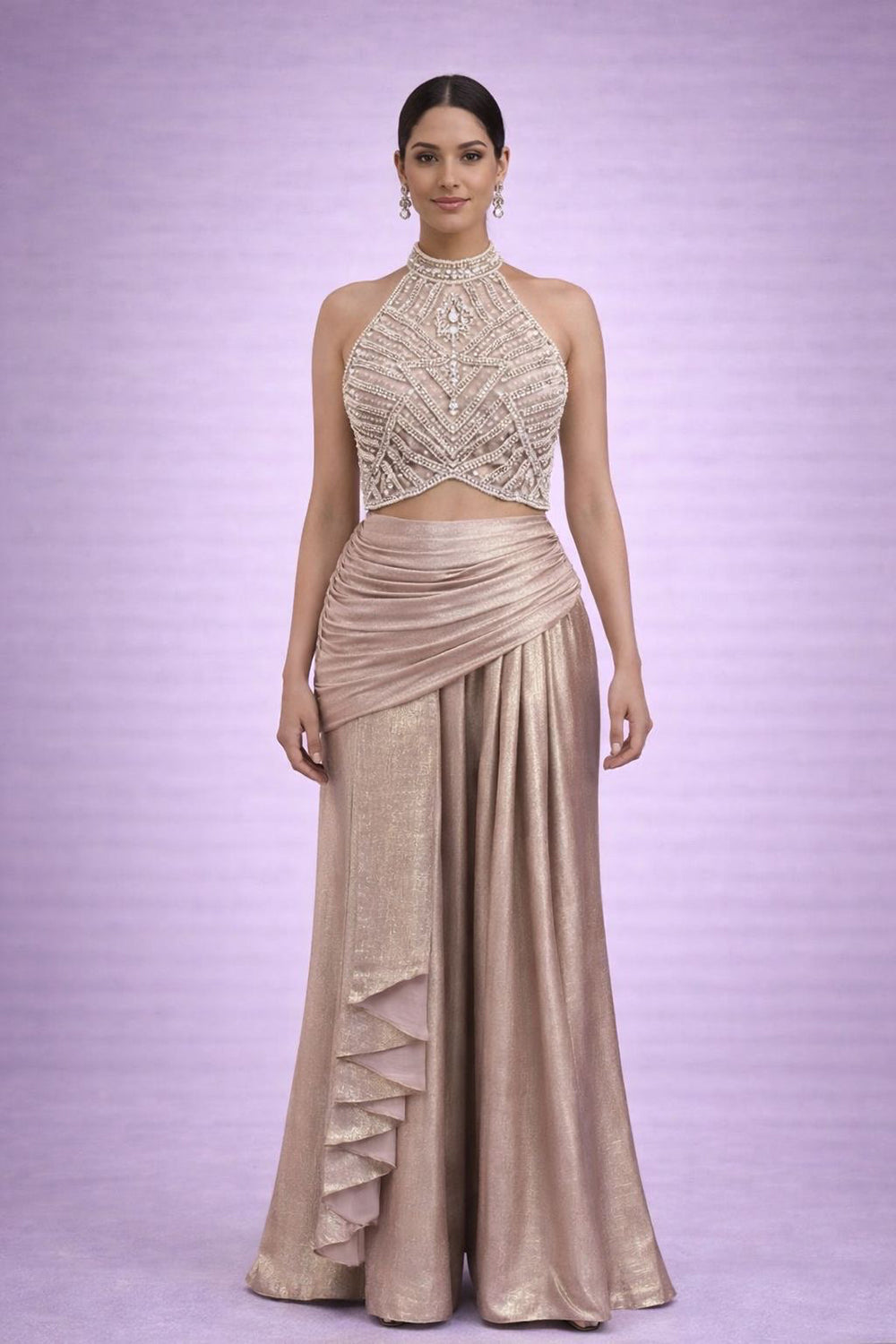 Drape skirt with embroidered pearl halter bloiuse