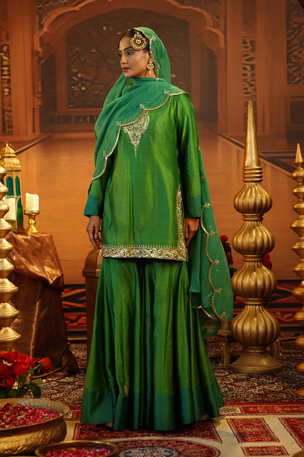 Dual Tone Green Chanderi Silk Gharara Set