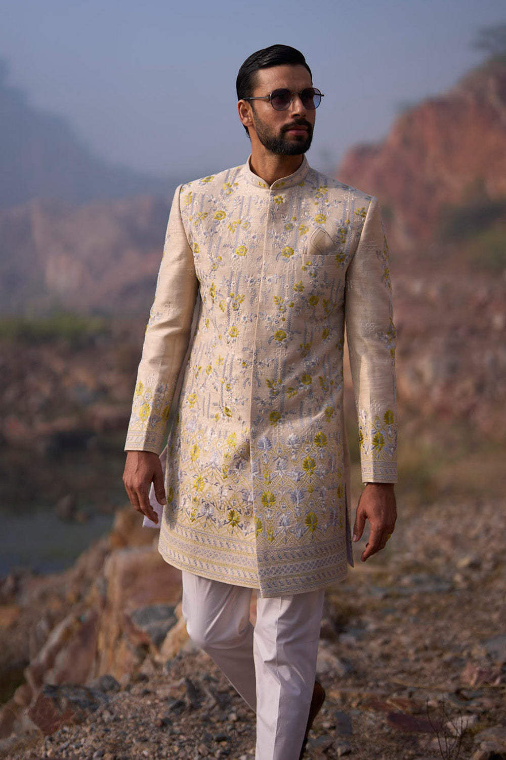 Dull Ivory Thread Amber Geometric With Creeper Sherwani Set