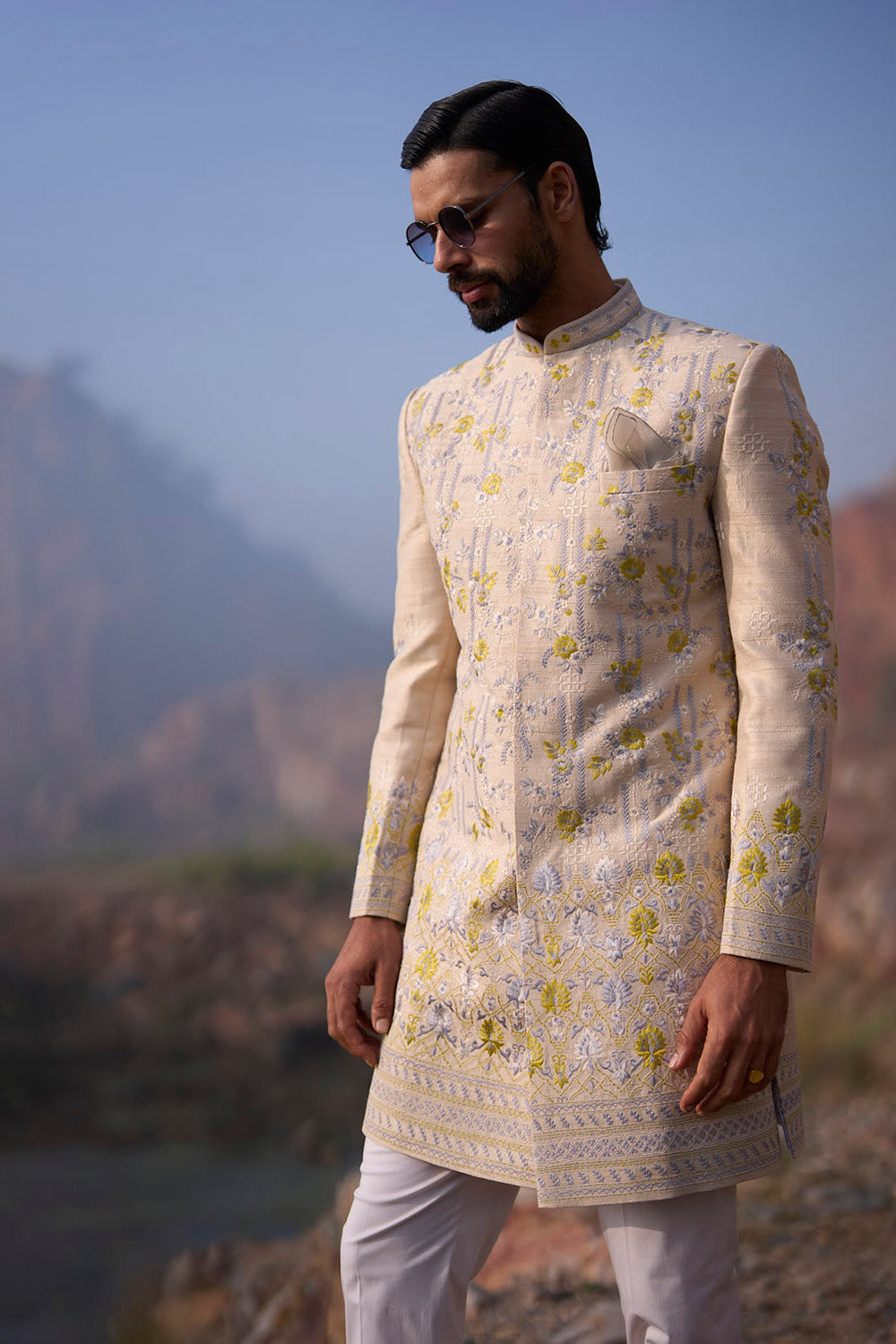 Dull Ivory Thread Amber Geometric With Creeper Sherwani Set