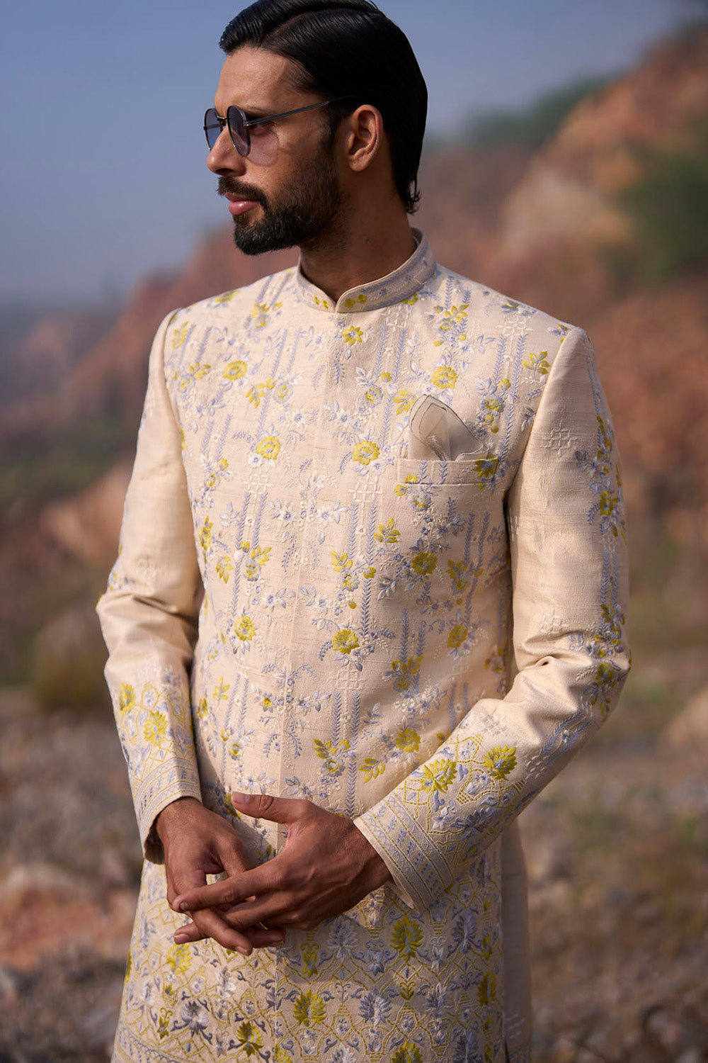 Dull Ivory Thread Amber Geometric With Creeper Sherwani Set