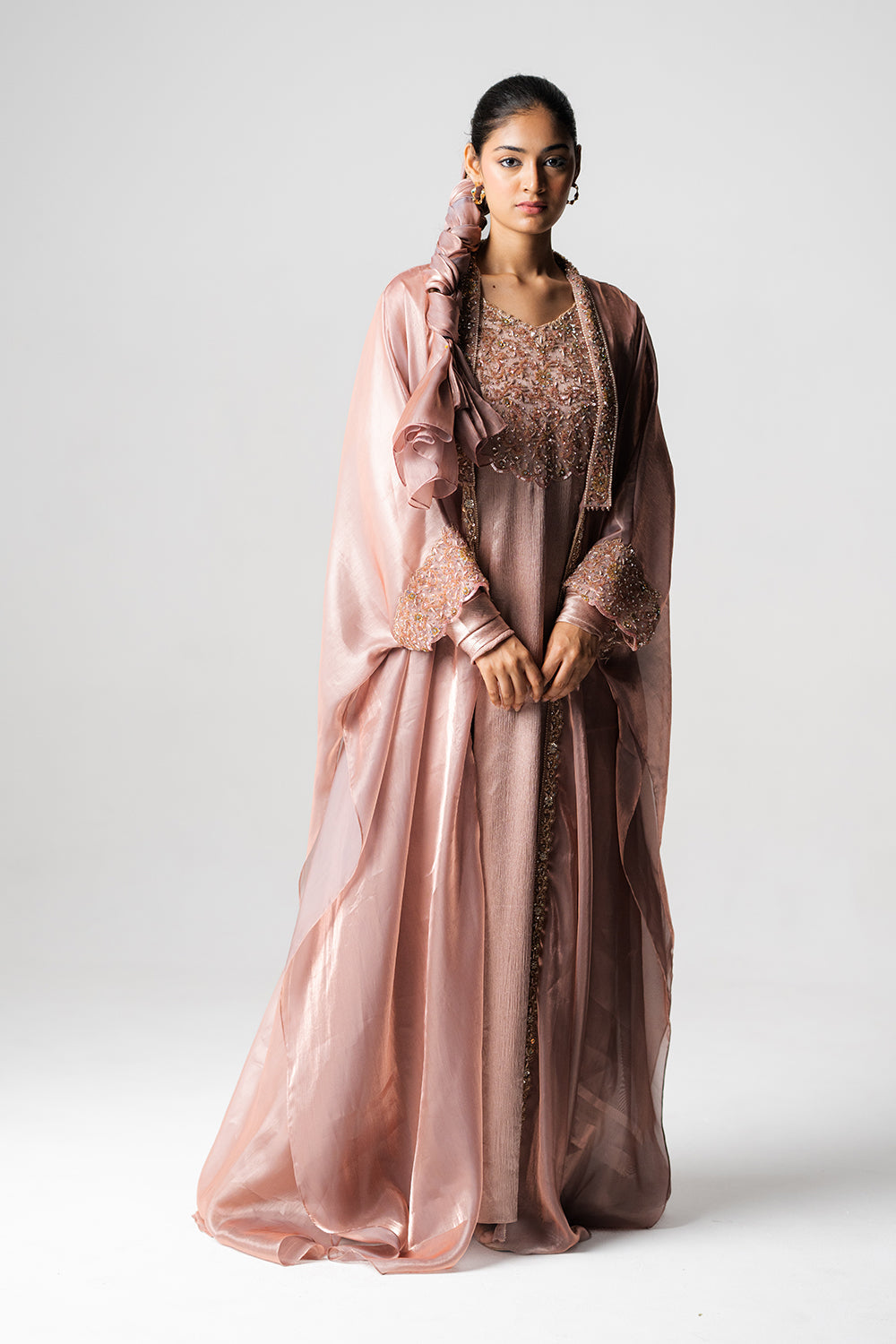 Dusty Mauve Crinkled Satin & Organza Gown Set