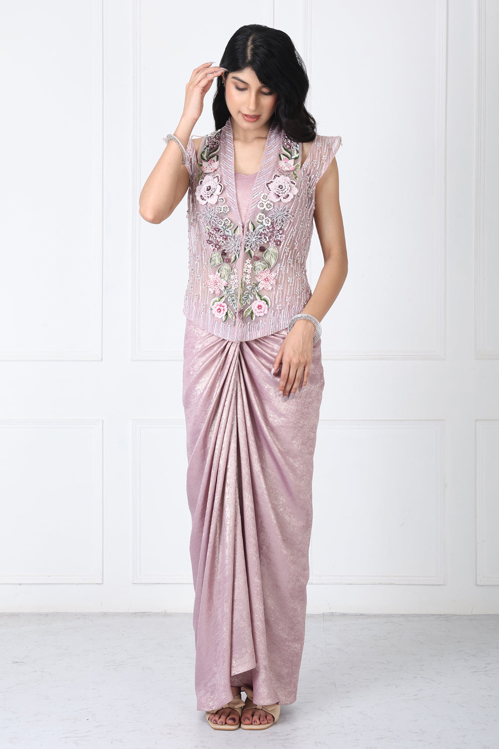 Dusty Mauve Embroidered Jacket With Drape Skirt
