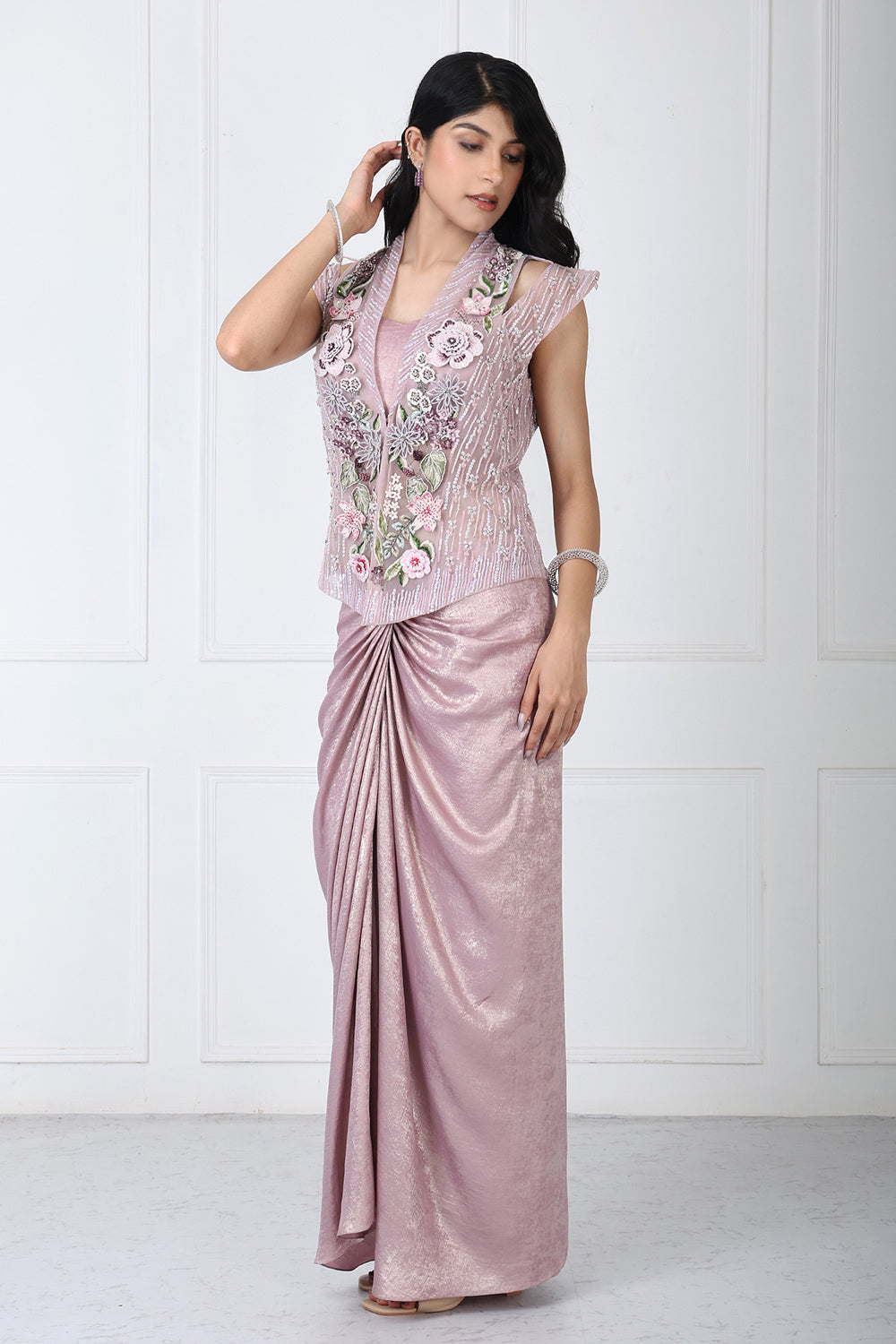 Dusty Mauve Embroidered Jacket With Drape Skirt