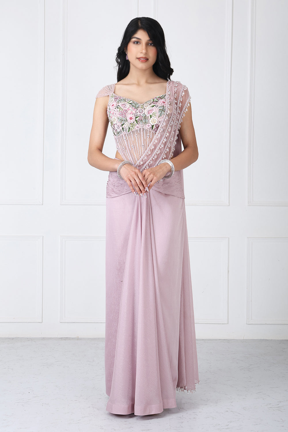 Dusty Pink Drape Saree With Embroidered Bodysuit