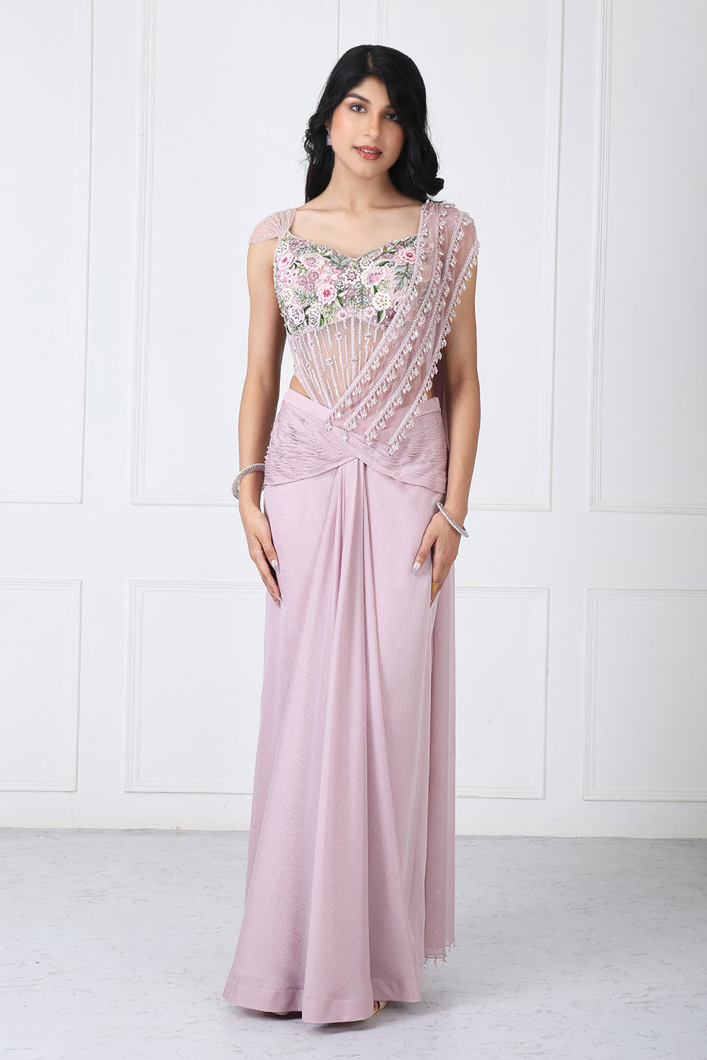 Dusty Pink Drape Saree With Embroidered Bodysuit
