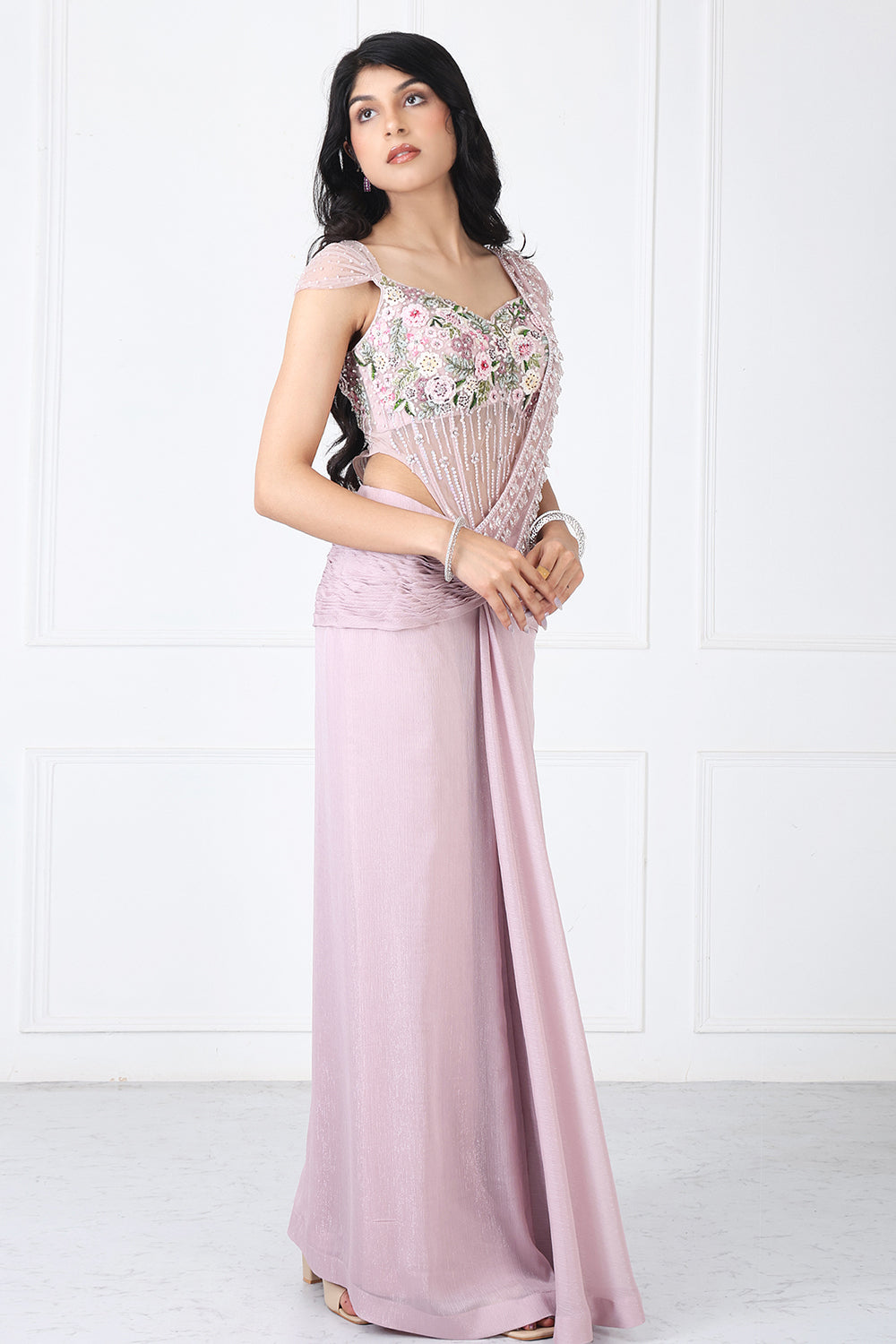 Dusty Pink Drape Saree With Embroidered Bodysuit