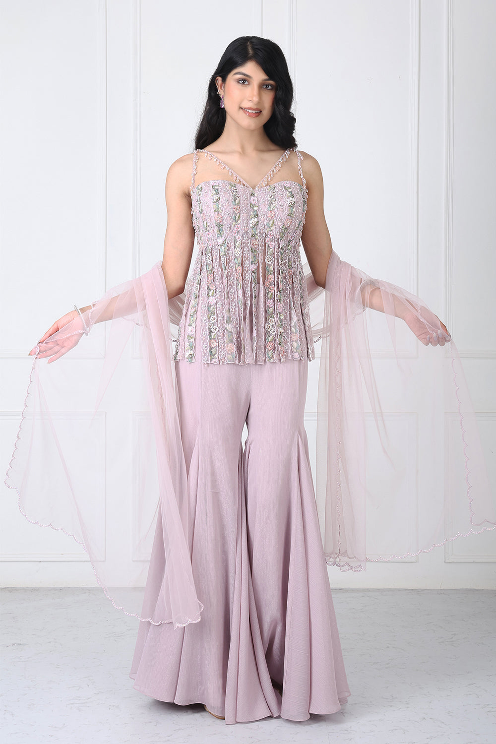 Dusty Pink Fringe Bodysuit With Sharara And Dupatta