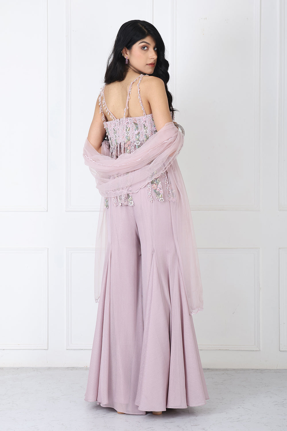 Dusty Pink Fringe Bodysuit With Sharara And Dupatta