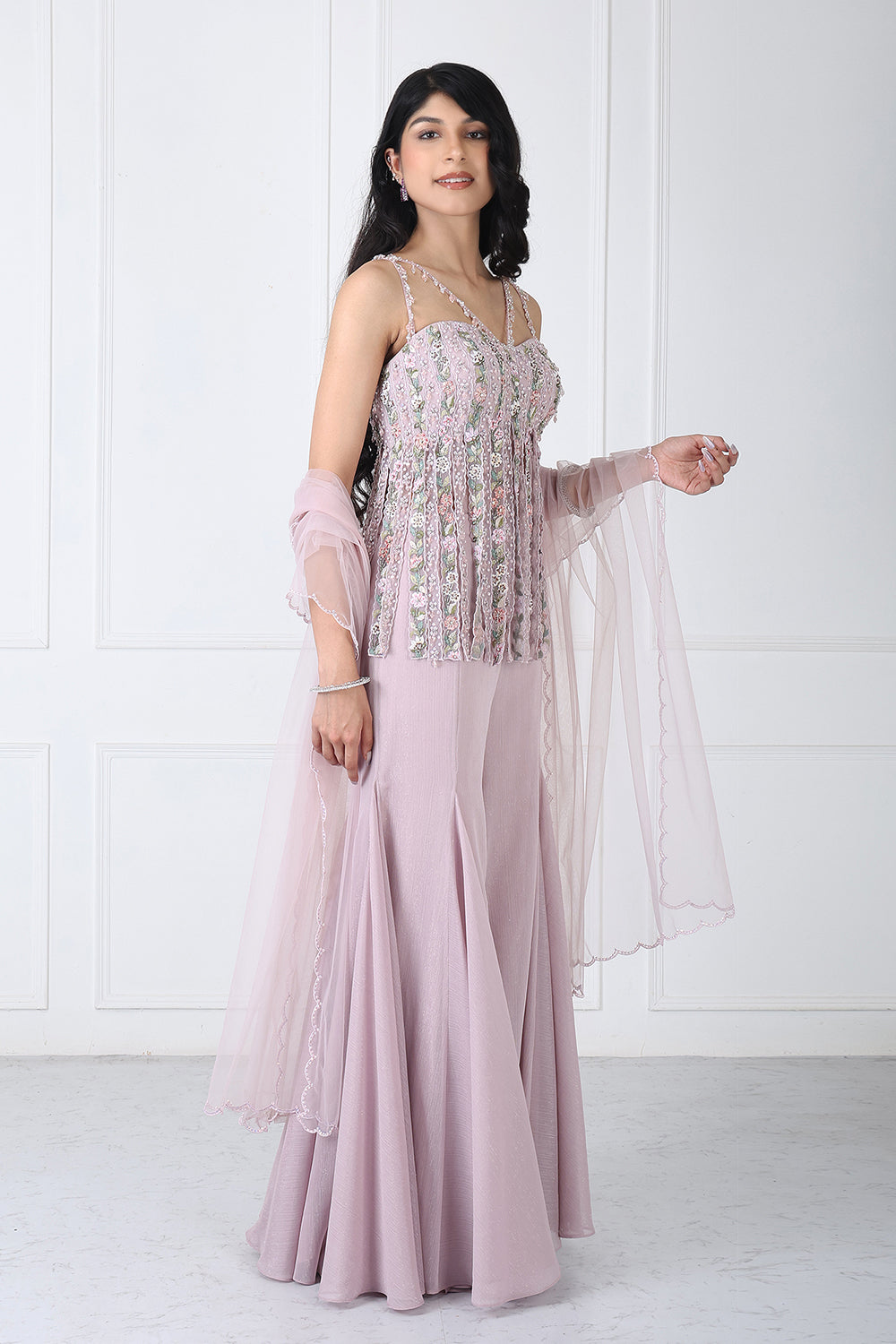 Dusty Pink Fringe Bodysuit With Sharara And Dupatta
