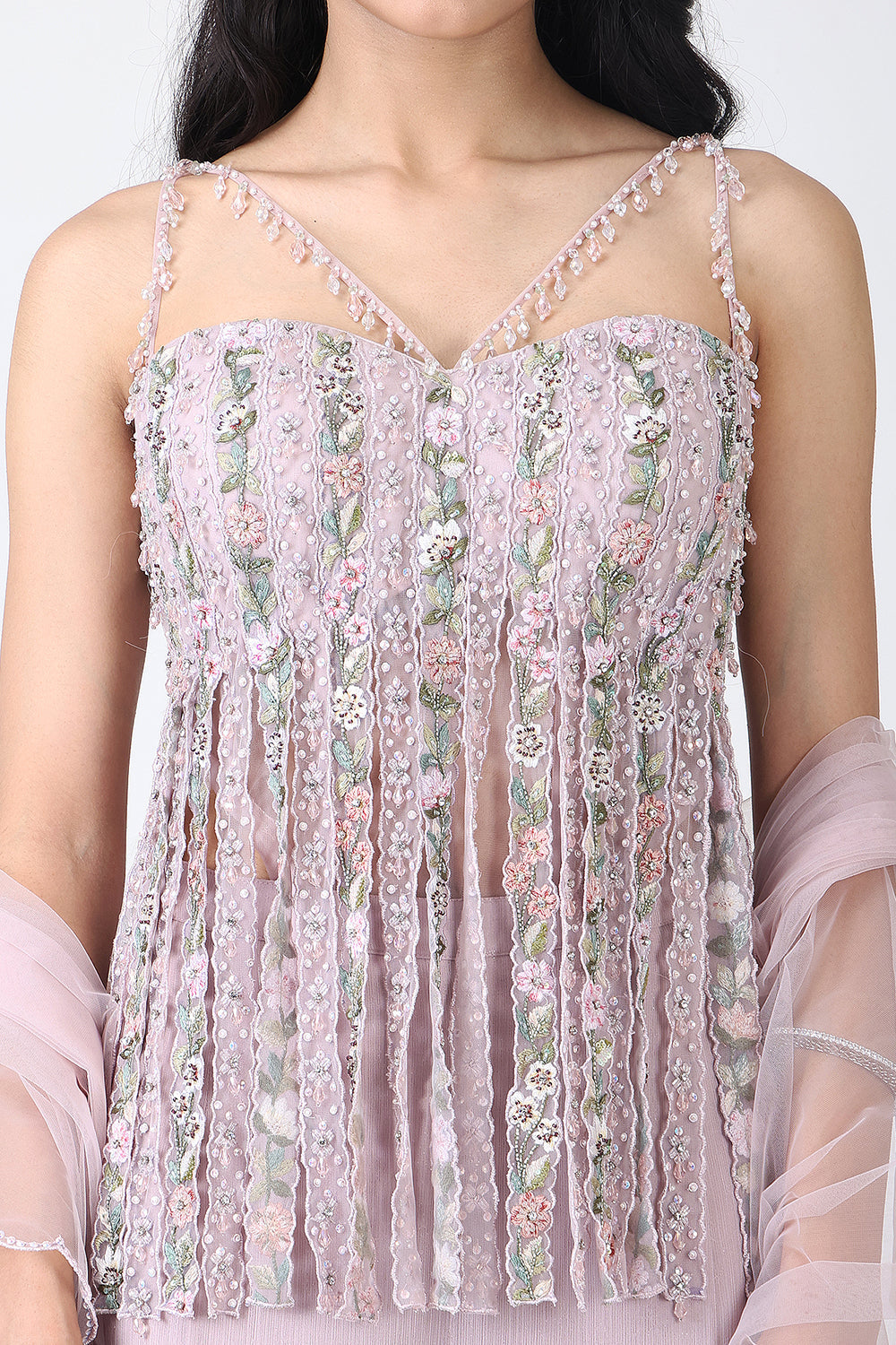 Dusty Pink Fringe Bodysuit With Sharara And Dupatta
