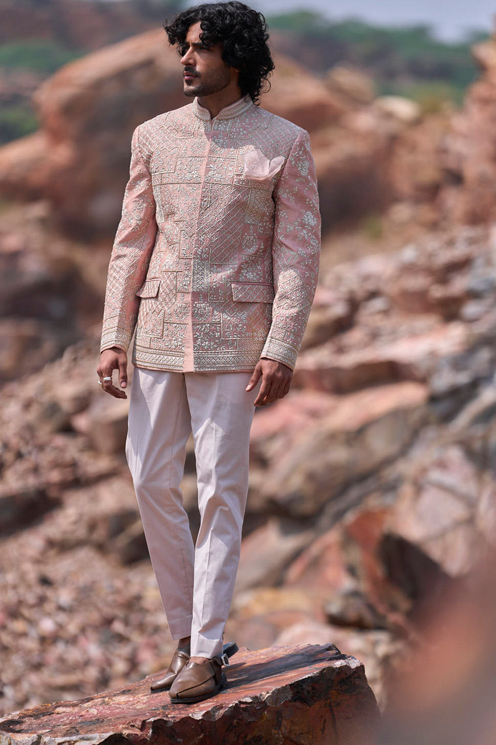 Dusty Rose Datura Geometric Zardozi Embroidered Bandhgala Set