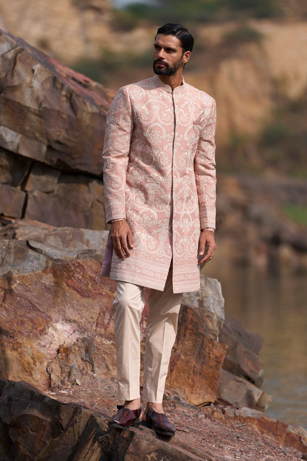 Dusty Rose Victorian Thread Embroidery Sherwani Set