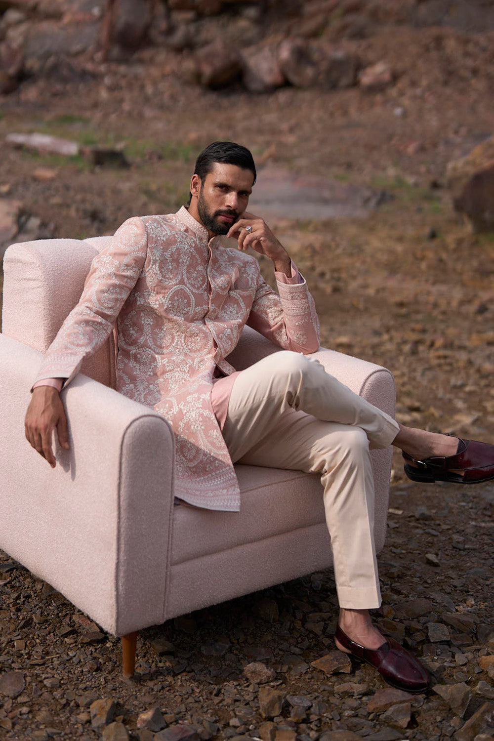Dusty Rose Victorian Thread Embroidery Sherwani Set