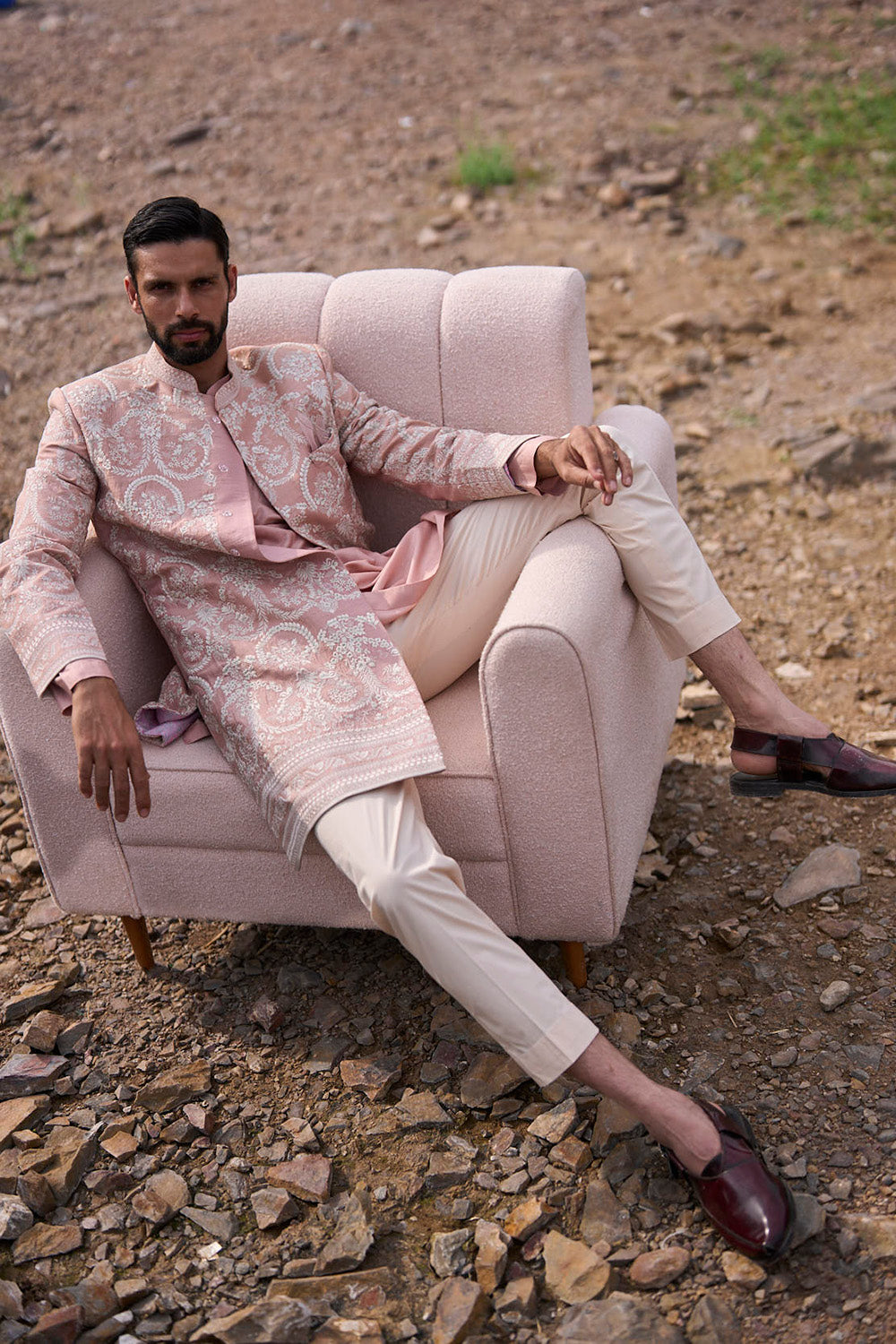 Dusty Rose Victorian Thread Embroidery Sherwani Set