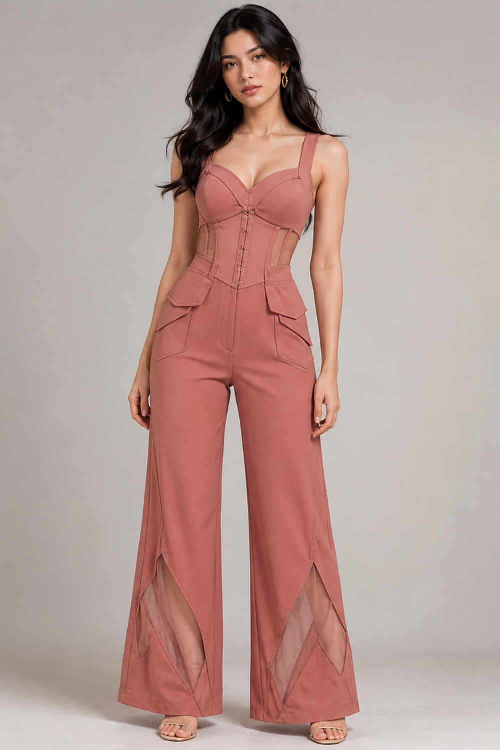 Dusty Rosewood Mesh Insert Corset & Wide-Leg Pants Co-Ord Set