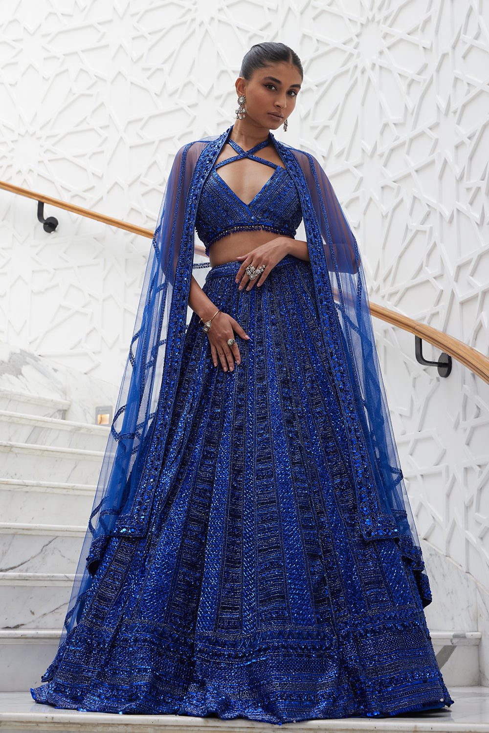 Electric Blue Net Lehenga Choli and Dupatta