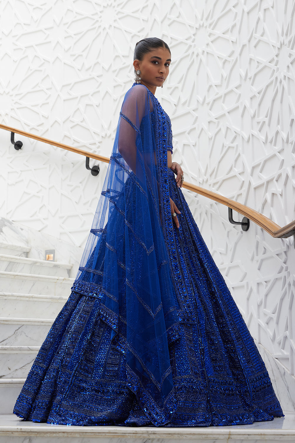 Electric Blue Net Lehenga Choli and Dupatta