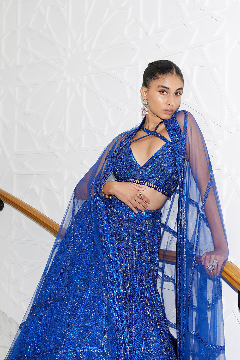 Electric Blue Net Lehenga Choli and Dupatta