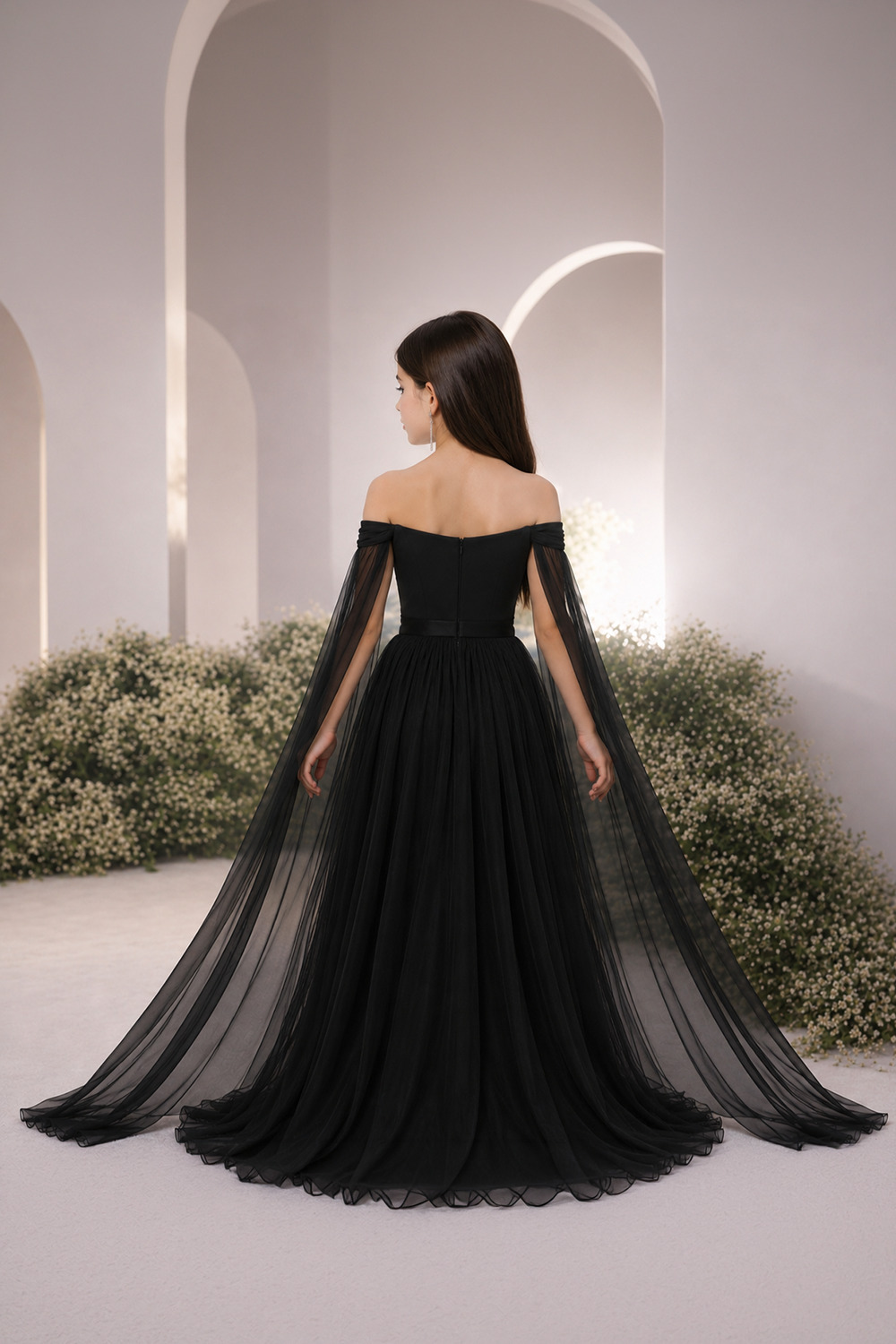 Elegant Black Off Shoulder Gown with Sparkling Detailing and A Flowy Cape