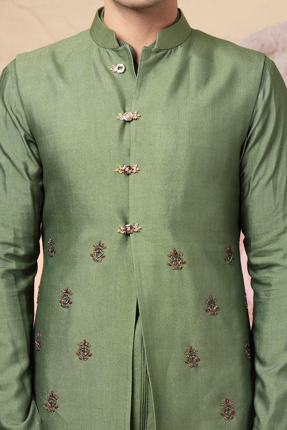 Elegant Green Silk Kurta Jacket Set