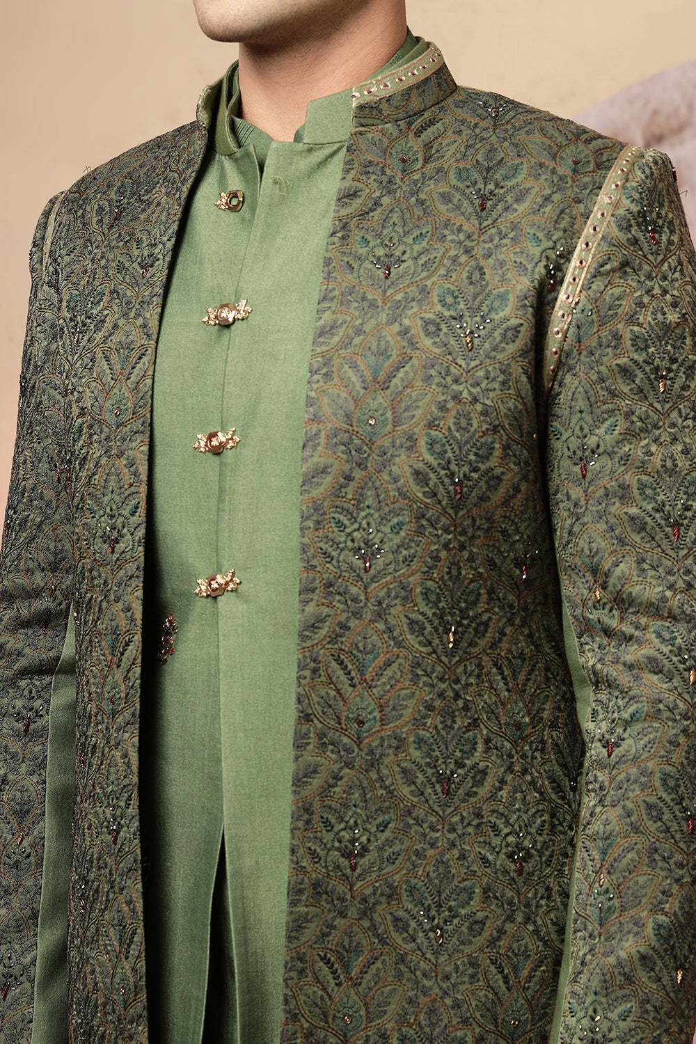 Elegant Green Silk Kurta Jacket Set