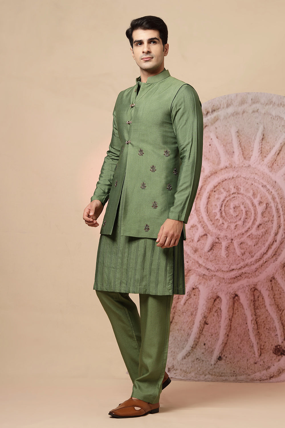 Elegant Green Silk Kurta Jacket Set