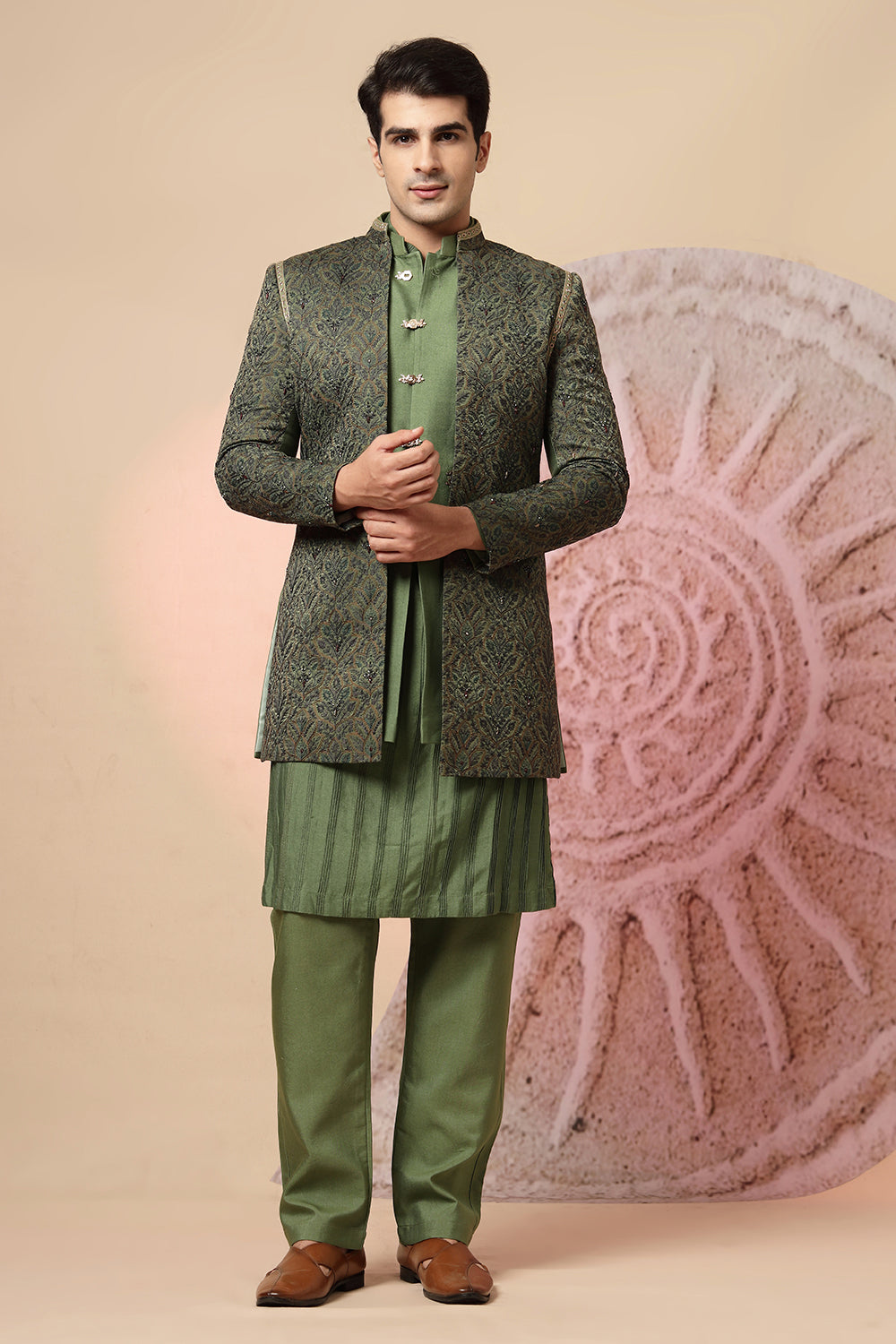 Elegant Green Silk Kurta Jacket Set