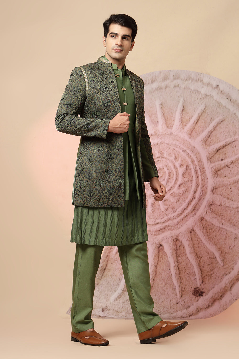 Elegant Green Silk Kurta Jacket Set