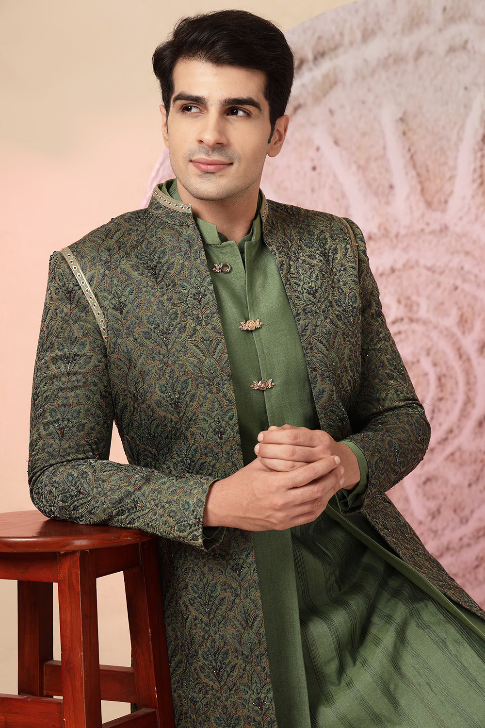 Elegant Green Silk Kurta Jacket Set