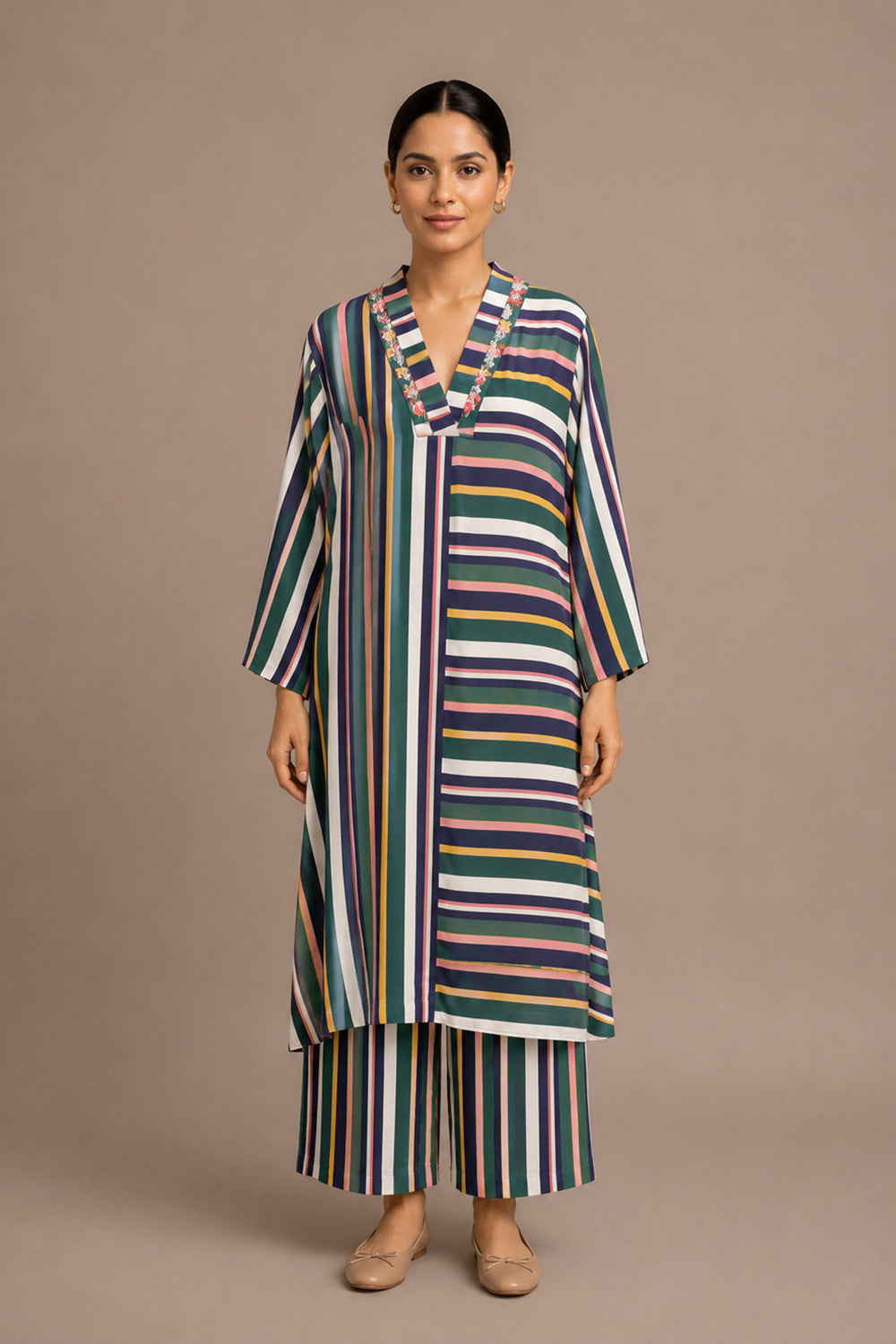 Elegant V-Neck Striped Kurta & Palazzo Co-Ord Set