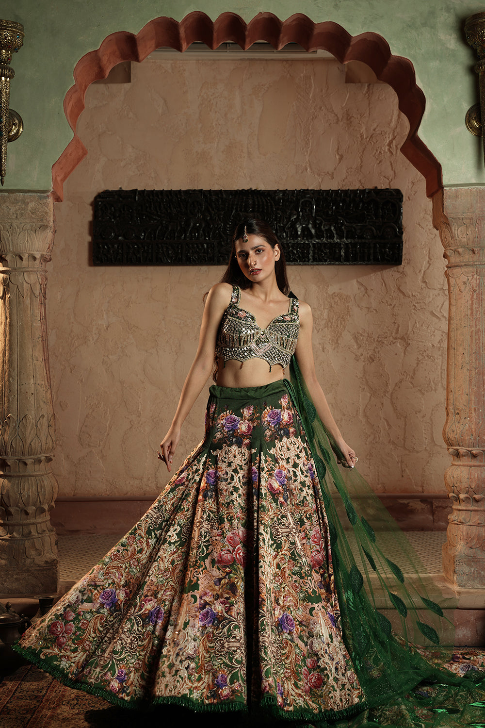 Embellished Blouse & Floral Lehenga Set