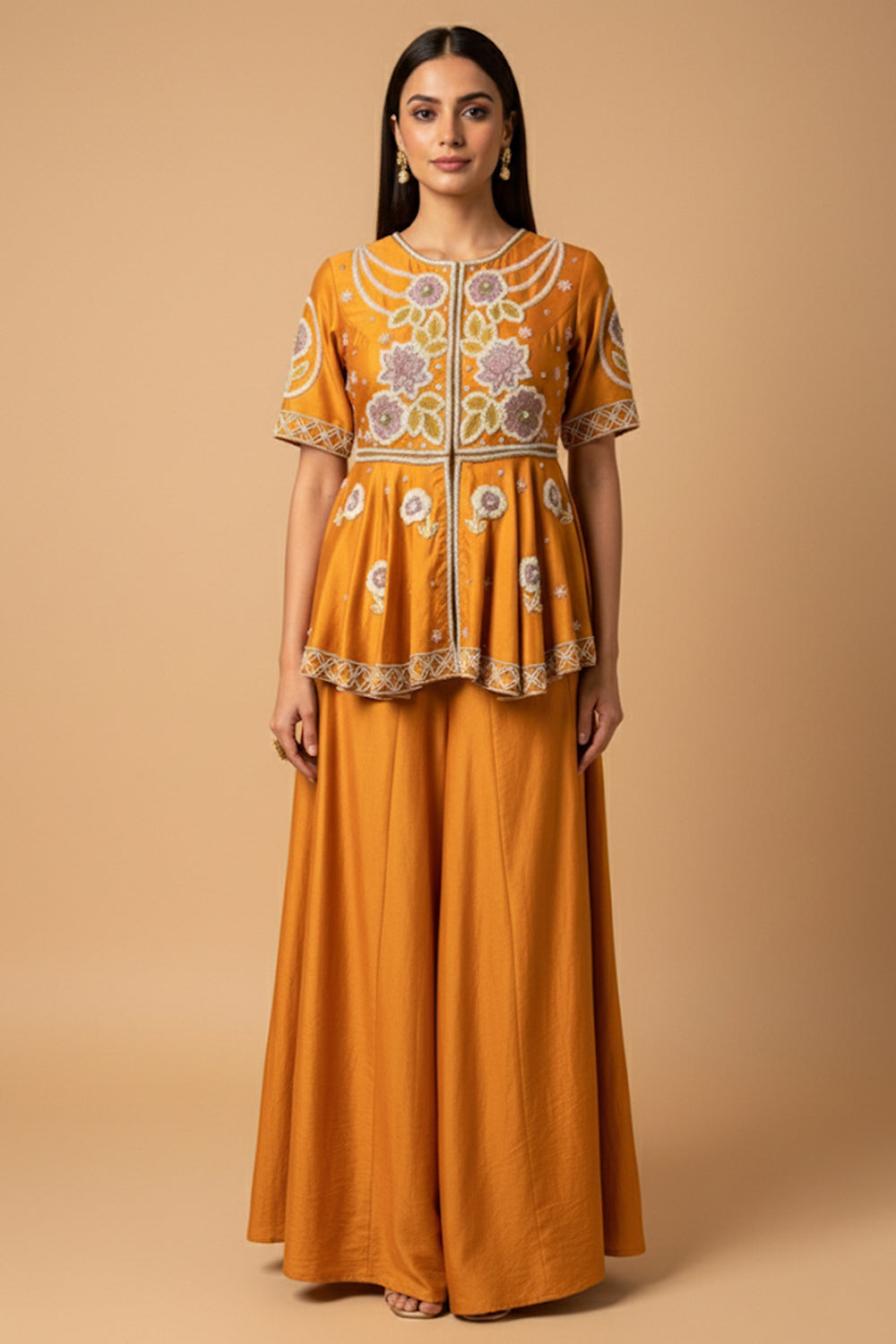 Embellished Chanderi Peplum Top with Kalidar Plazzo